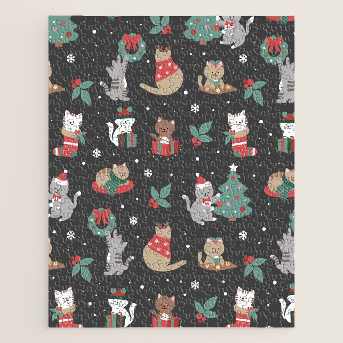 Christmas Festive Cute Holiday Kittens on Dark Jigsaw Puzzle Gallery Image 1