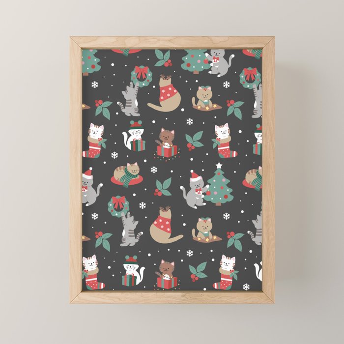 Christmas Festive Cute Holiday Kittens on Dark Mini Art Print Gallery Image 1
