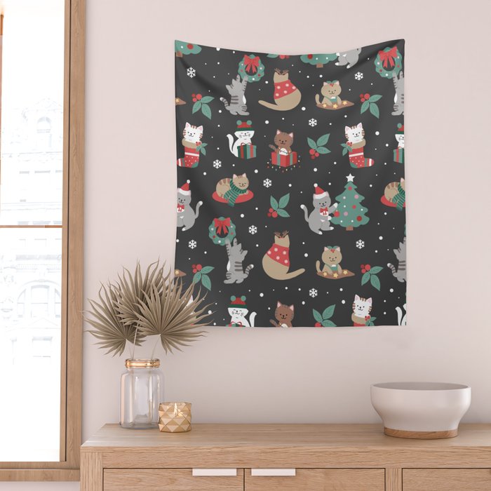 Christmas Festive Cute Holiday Kittens on Dark Wall Tapestry Gallery Image 2