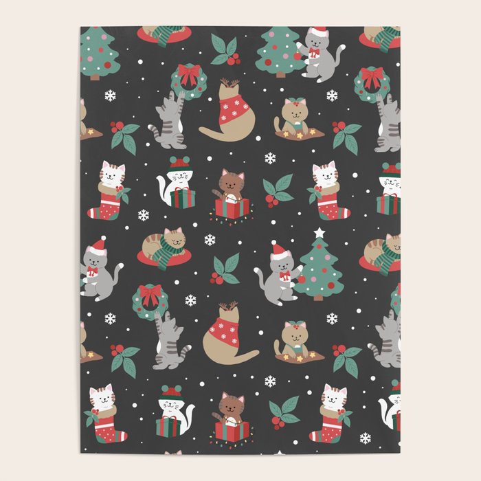 Christmas Festive Cute Holiday Kittens on Dark Poster Gallery Image 4