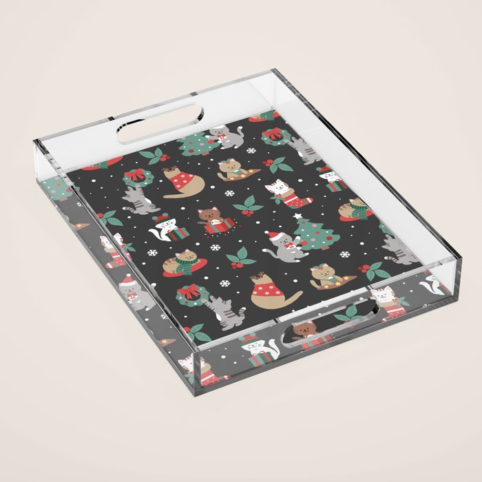 Christmas Festive Cute Holiday Kittens on Dark Acrylic Tray Gallery Image 1