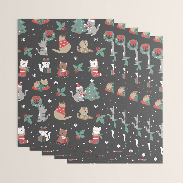 Christmas Festive Cute Holiday Kittens on Dark Wrapping Paper Gallery Image 3
