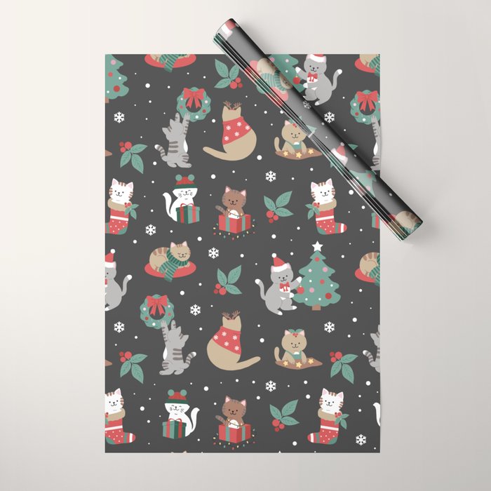 Christmas Festive Cute Holiday Kittens on Dark Wrapping Paper Gallery Image 1
