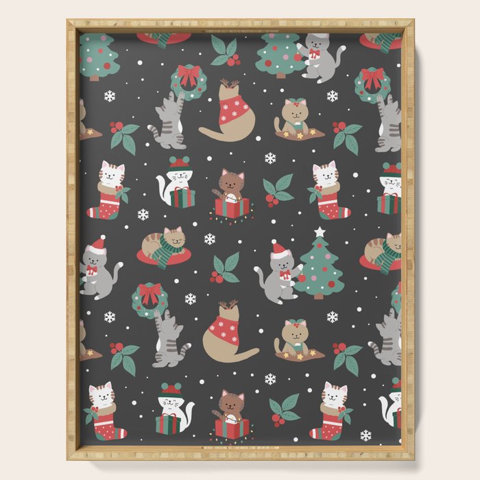 Christmas Festive Cute Holiday Kittens on Dark Serving Tray Gallery Image 1