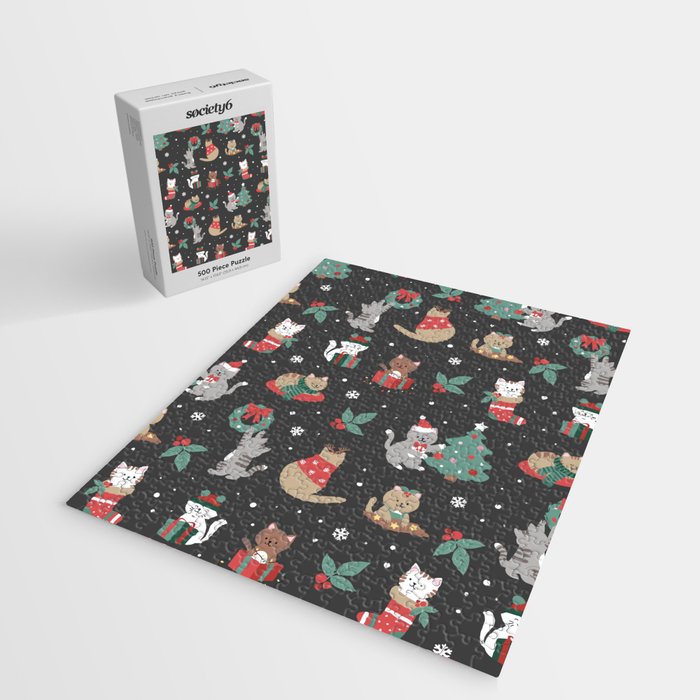 Christmas Festive Cute Holiday Kittens on Dark Jigsaw Puzzle Gallery Image 2