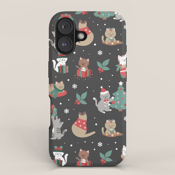 Christmas Festive Cute Holiday Kittens on Dark iPhone Case Gallery Image 1
