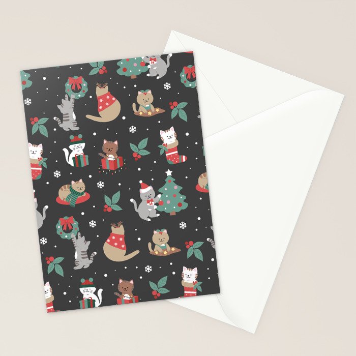 Christmas Festive Cute Holiday Kittens on Dark Stationery Card Gallery Image 2