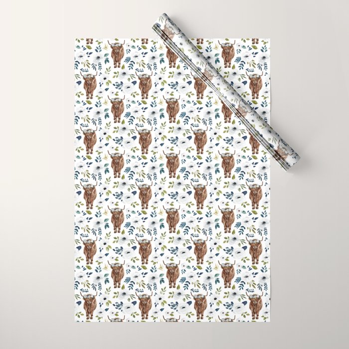 Highland Cow, Highland Cows with Flowers, Flower Crown, Floral Print, Watercolor Wrapping Paper Gallery Image 1