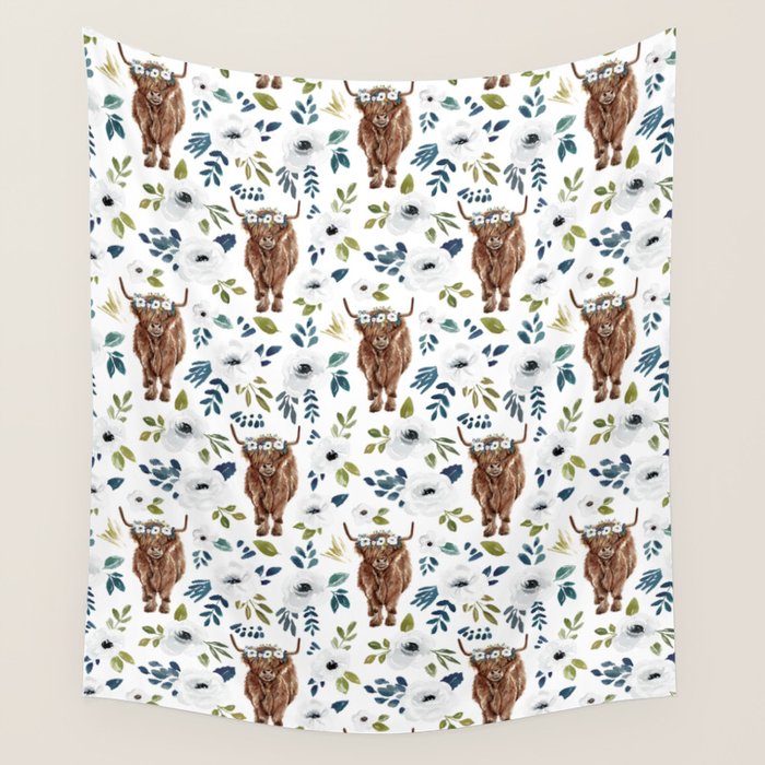 Highland Cow, Highland Cows with Flowers, Flower Crown, Floral Print, Watercolor Wall Tapestry Gallery Image 4