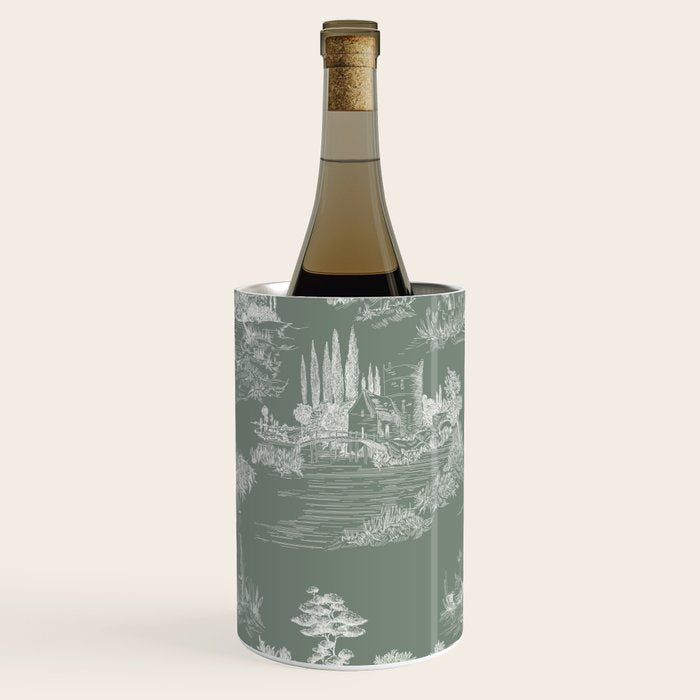 Toile de Jouy Vintage French Pastoral Sage Green & White Wine Chiller Gallery Image 1