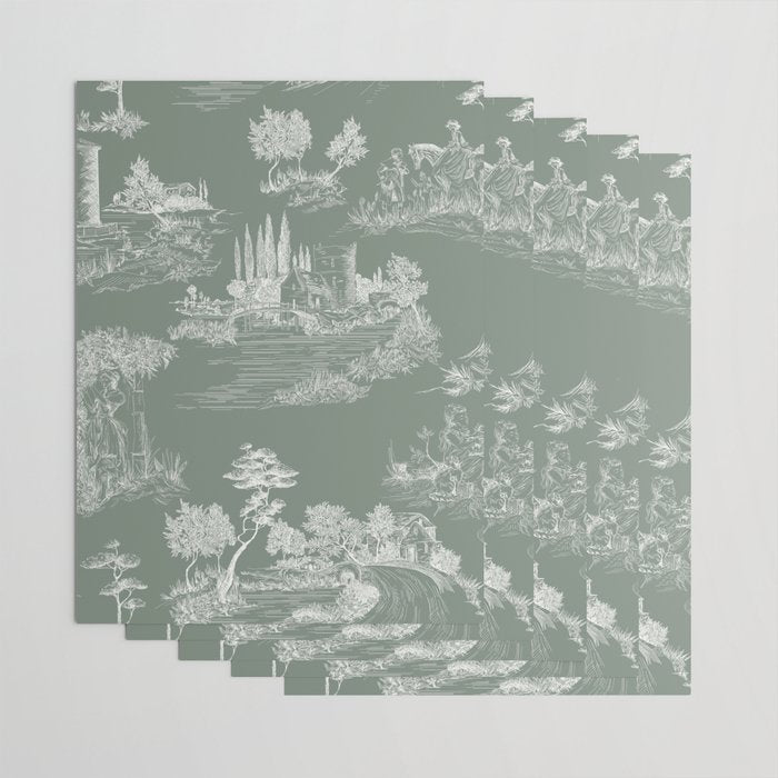 Toile de Jouy Vintage French Pastoral Sage Green & White Wrapping Paper Gallery Image 3