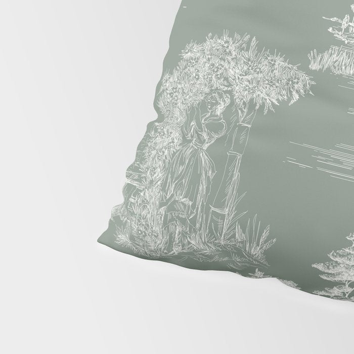 Toile de Jouy Vintage French Pastoral Sage Green & White Pillow Sham Gallery Image 4