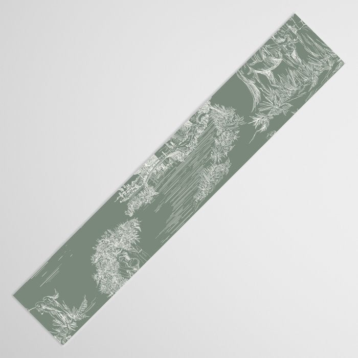 Toile de Jouy Vintage French Pastoral Sage Green & White Table Runner Gallery Image 3