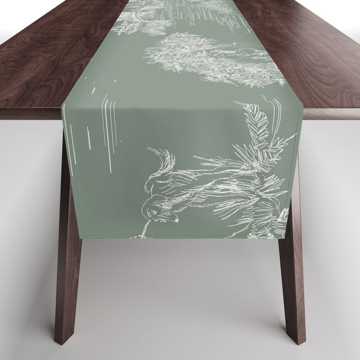 Toile de Jouy Vintage French Pastoral Sage Green & White Table Runner Gallery Image 1