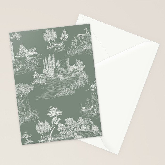 Toile de Jouy Vintage French Pastoral Sage Green & White Stationery Card Gallery Image 2