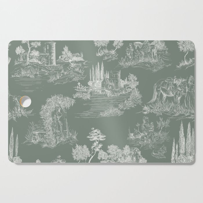 Toile de Jouy Vintage French Pastoral Sage Green & White Cutting Board Gallery Image 1