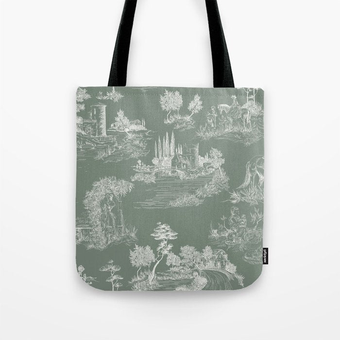 Toile de Jouy Vintage French Pastoral Sage Green & White Tote Bag Gallery Image 1