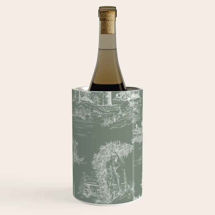 Toile de Jouy Vintage French Pastoral Sage Green & White Wine Chiller Gallery Image 2