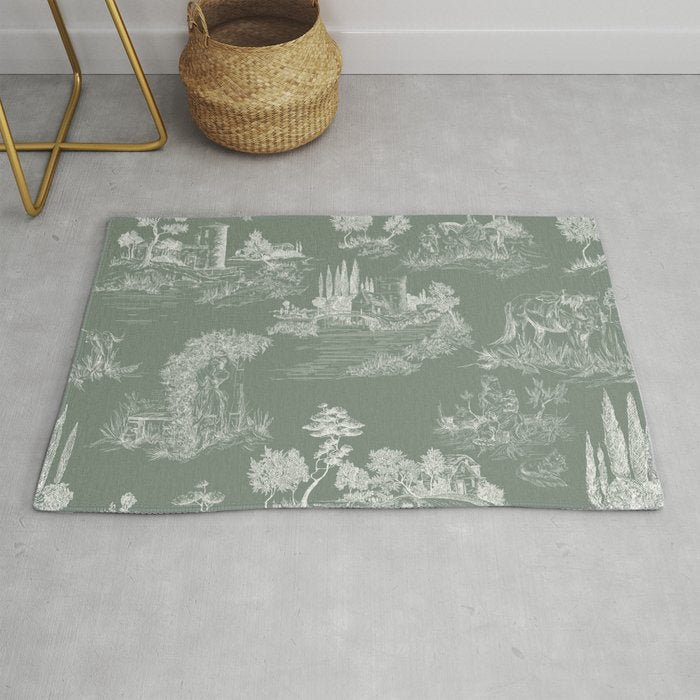 Toile de Jouy Vintage French Pastoral Sage Green & White Rug Gallery Image 1