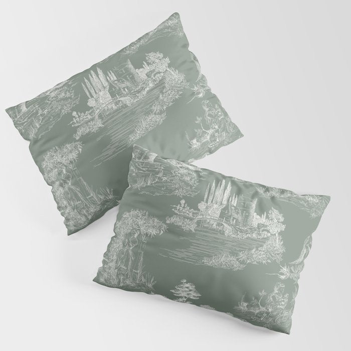 Toile de Jouy Vintage French Pastoral Sage Green & White Pillow Sham Gallery Image 3