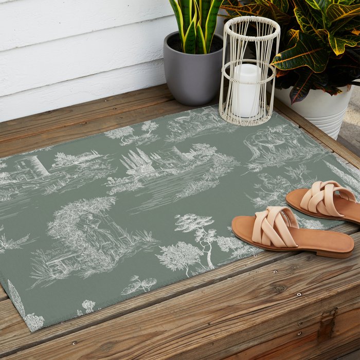 Toile de Jouy Vintage French Pastoral Sage Green & White Outdoor Rug Gallery Image 2