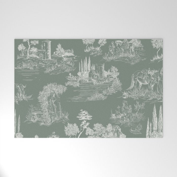 Toile de Jouy Vintage French Pastoral Sage Green & White Welcome Mat Gallery Image 1