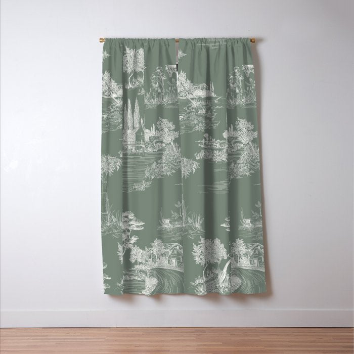 Toile de Jouy Vintage French Pastoral Sage Green & White Window Curtain Gallery Image 3