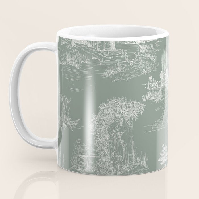 Toile de Jouy Vintage French Pastoral Sage Green & White Coffee Mug Gallery Image 3