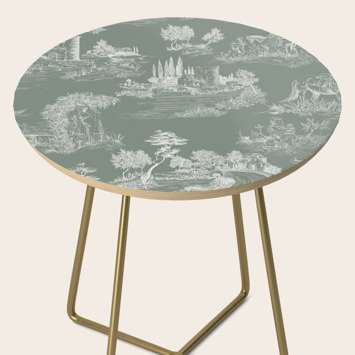 Toile de Jouy Vintage French Pastoral Sage Green & White Side Table Gallery Image 2