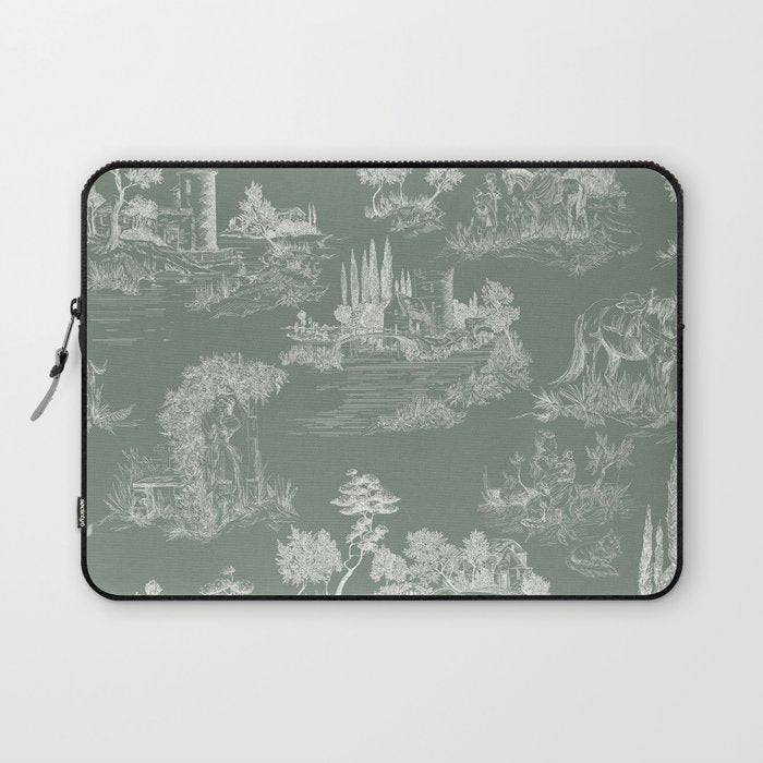 Toile de Jouy Vintage French Pastoral Sage Green & White Laptop Sleeve Gallery Image 1