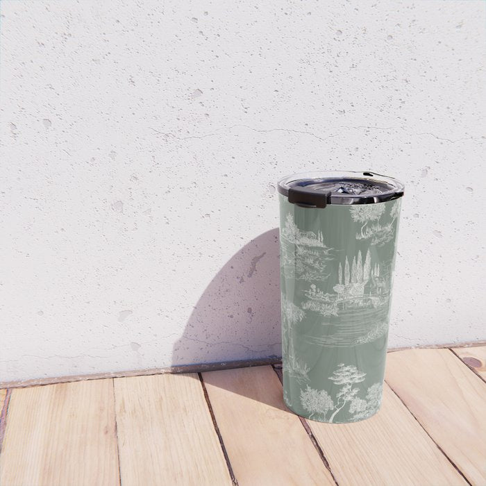 Toile de Jouy Vintage French Pastoral Sage Green & White Travel Mug Gallery Image 4