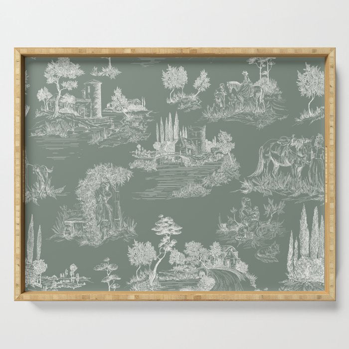 Toile de Jouy Vintage French Pastoral Sage Green & White Serving Tray Gallery Image 1
