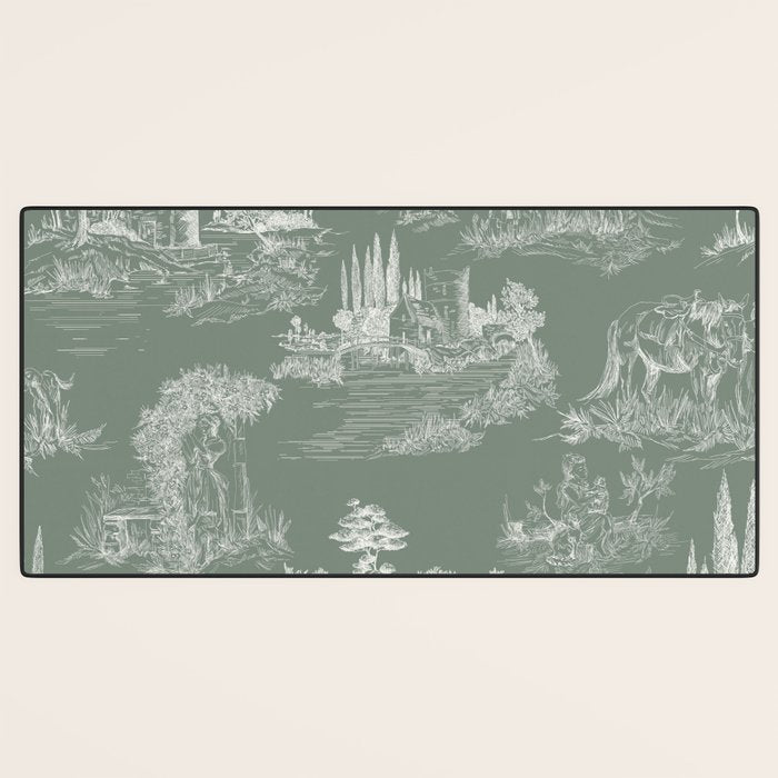 Toile de Jouy Vintage French Pastoral Sage Green & White Desk Mat Gallery Image 3