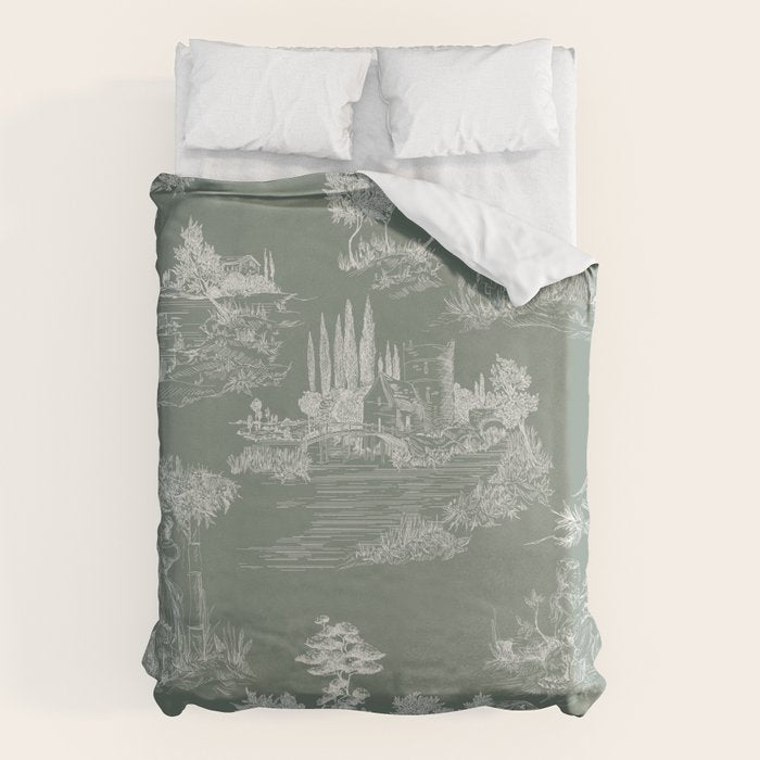 Toile de Jouy Vintage French Pastoral Sage Green & White Duvet Cover Gallery Image 6