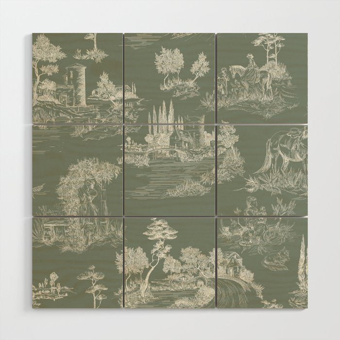 Toile de Jouy Vintage French Pastoral Sage Green & White Wood Wall Art Gallery Image 1