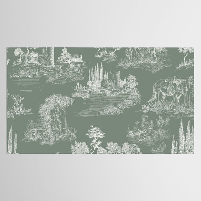 Toile de Jouy Vintage French Pastoral Sage Green & White Tablecloth Gallery Image 2