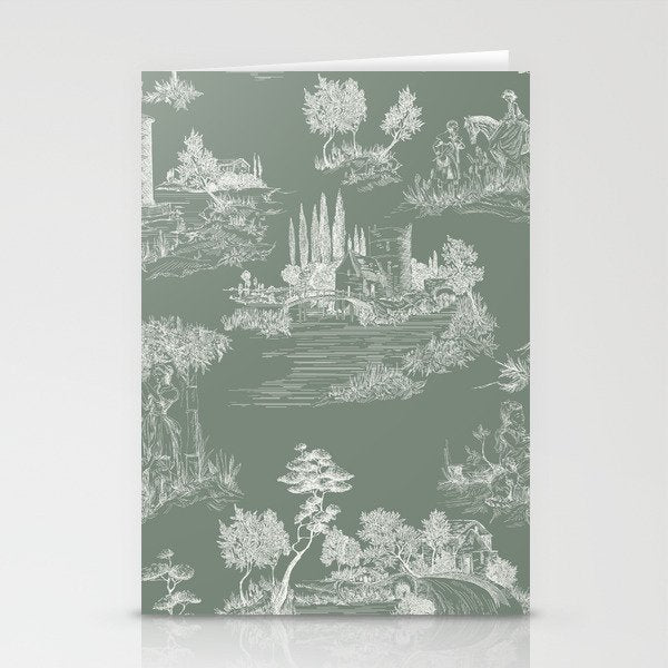 Toile de Jouy Vintage French Pastoral Sage Green & White Stationery Card Gallery Image 2