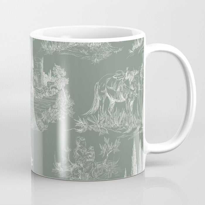 Toile de Jouy Vintage French Pastoral Sage Green & White Coffee Mug Gallery Image 1