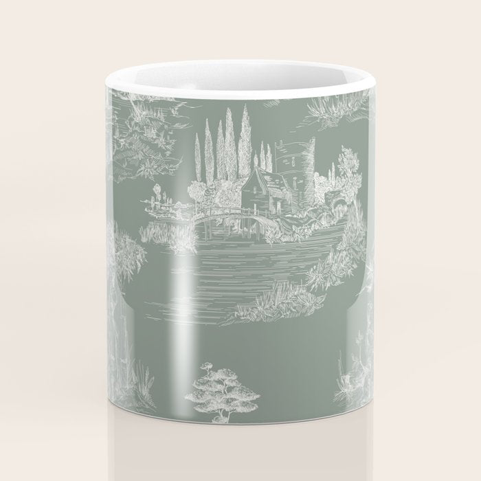 Toile de Jouy Vintage French Pastoral Sage Green & White Coffee Mug Gallery Image 4