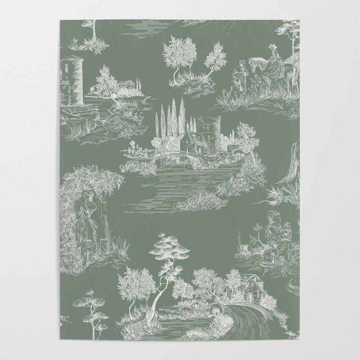 Toile de Jouy Vintage French Pastoral Sage Green & White Poster Gallery Image 1