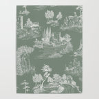 Toile de Jouy Vintage French Pastoral Sage Green & White Poster Gallery Image 4