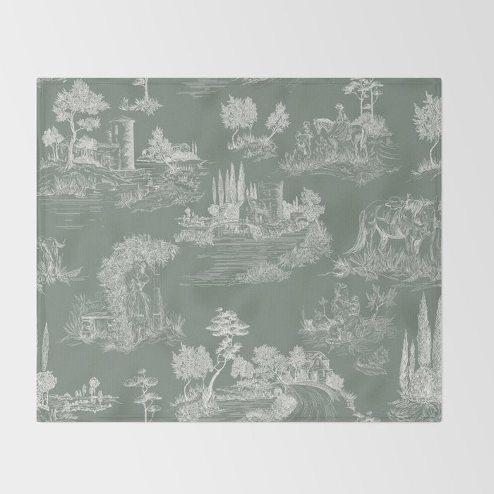 Toile de Jouy Vintage French Pastoral Sage Green & White Throw Blanket Gallery Image 2
