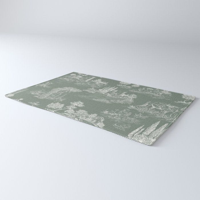 Toile de Jouy Vintage French Pastoral Sage Green & White Rug Gallery Image 3