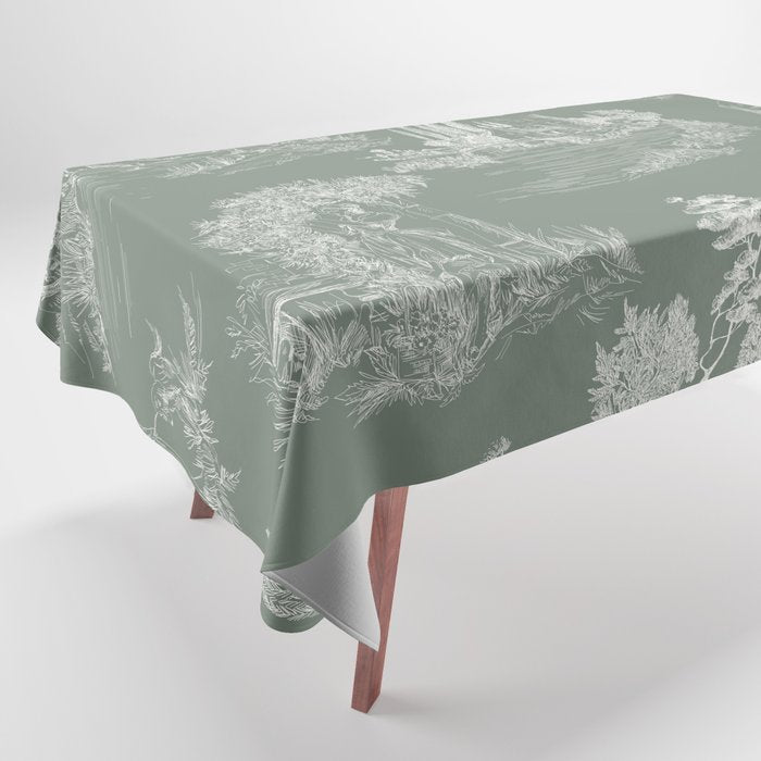 Toile de Jouy Vintage French Pastoral Sage Green & White Tablecloth Gallery Image 1