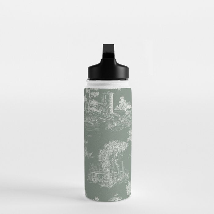 Toile de Jouy Vintage French Pastoral Sage Green & White Water Bottle Gallery Image 3