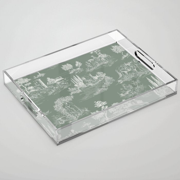 Toile de Jouy Vintage French Pastoral Sage Green & White Acrylic Tray Gallery Image 1