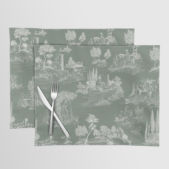 Toile de Jouy Vintage French Pastoral Sage Green & White Placemat Gallery Image 1