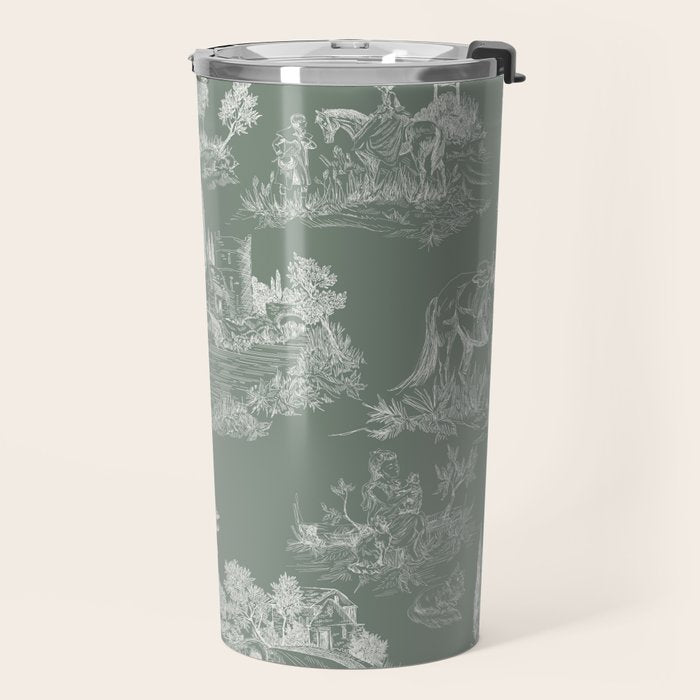 Toile de Jouy Vintage French Pastoral Sage Green & White Travel Mug Gallery Image 2