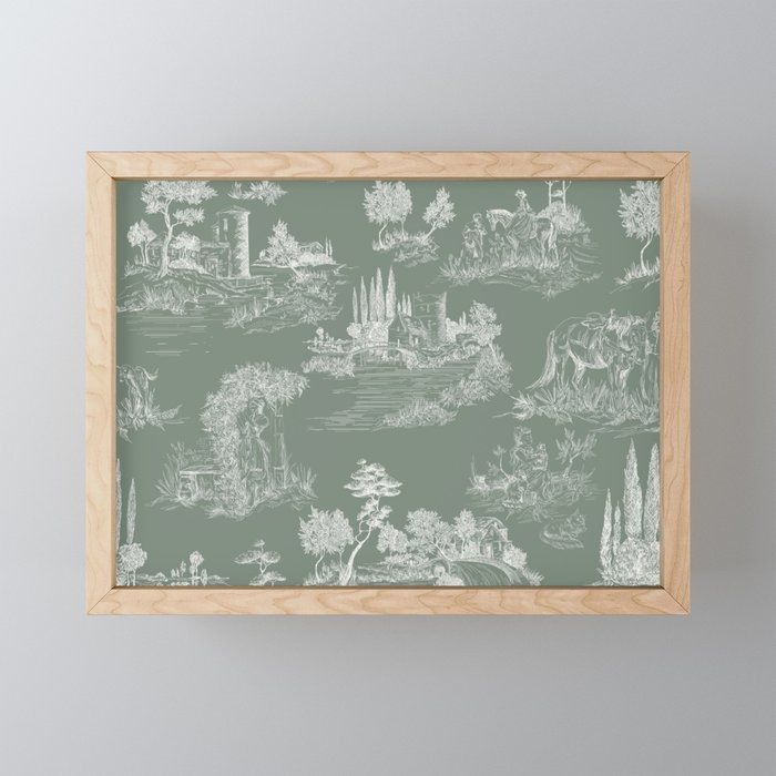 Toile de Jouy Vintage French Pastoral Sage Green & White Mini Art Print Gallery Image 1