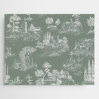 Toile de Jouy Vintage French Pastoral Sage Green & White Jigsaw Puzzle Gallery Image 1